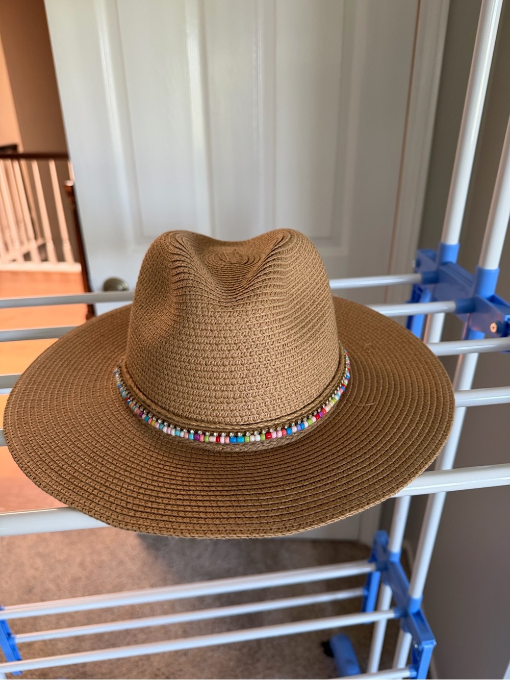 Braided Bead Trim Wide Brim Straw Fedora - Tan
